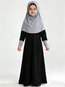 2pcs Muslim Girls Set: Long Sleeve Maxi Dress + Headscarf - Black - View 3