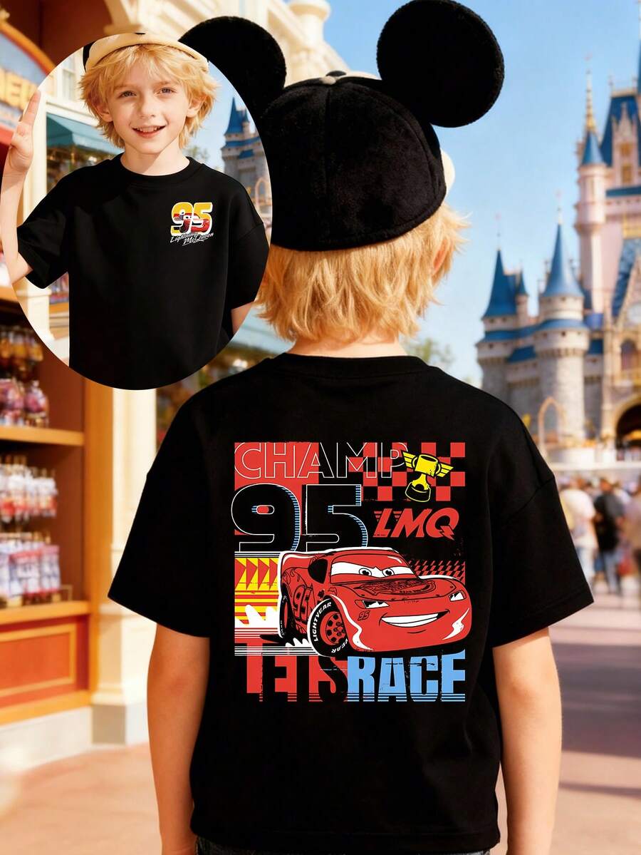 Disney Apparel Featuring A Double-Sided Design Of Lightning McQueen From Cars With The Number "95" Printed On It. This Soft, Breathable Short-Sleeve Crew Neck T-Shirt Is Perfect For Spring And Summer Wear, Ideal For Everyday Casual Wear, Vacations, Outdoor Activities, School Life, And Shopping Trips. It Also Makes An Excellent Gift For Boys And Girls. Every Child Deserves One. - màu đen - Xem 1