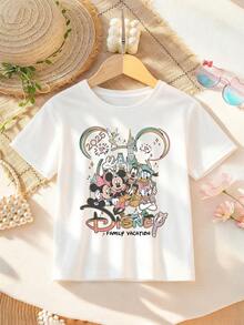 Disney Apparel, Featuring A Double-Sided Mickey Mouse Cartoon Print On This Girls' T-Shirt. This Soft, Breathable Short-Sleeve Crew Neck Tee Is Perfect For Spring And Summer Wear, Ideal For Everyday Outfits, Vacation Leisure, Outdoor Adventures, School Life, And Shopping Trips. It Also Makes An Excellent Gift For Boys And Girls Alike. Every Child Deserves One. - 白色 - 查看 2