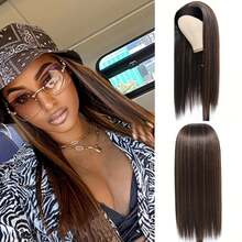 Long Straight Headband Wig For Women - Highlight Brown & Black Synthetic Hair, Versatile For Daily And Party Wear, Elastic Net Cap Design, Hair Wig - Black Mixed Brown - View 11