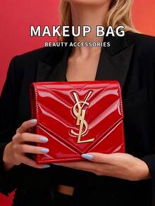 Yves Saint Laurent 亮面化妆包，大容量手拿包，适合派对、休闲场合，也可作为节日或圣诞礼物，不含珍珠肩带 - 紅色 - 查看 7