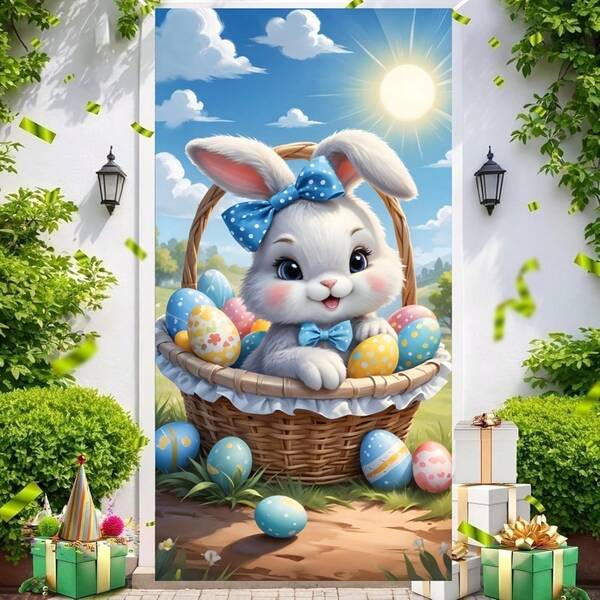 Bandera de puerta 2D, 89,92 cm x 179,83 cm Conjunto de puerta de Pascua - Adorable conejito con lazo, diseño de canasta con huevos coloridos y flores, decoración colgante de puerta delantera para primavera, adecuado para celebraciones de Pascua y primavera, material de poliéster