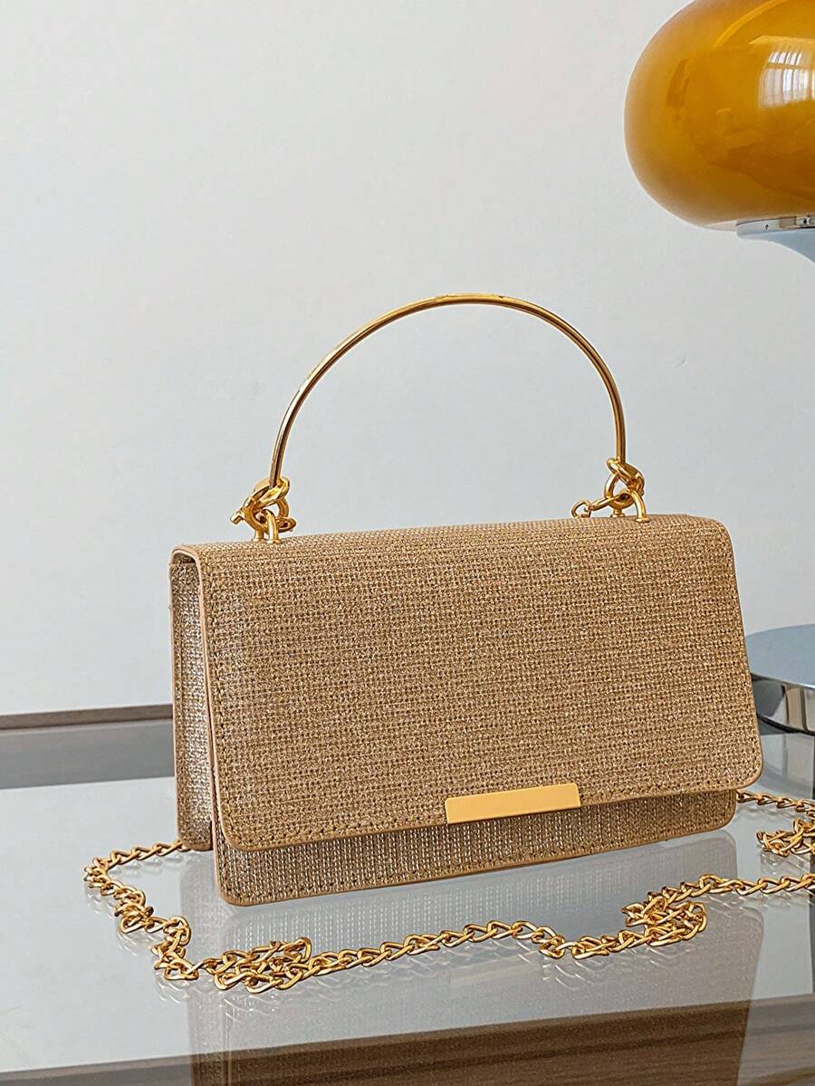 Bolso de mano de metal para mujer, bolso cuadrado pequeño de cadena cruzada brillante y de moda para fiestas y reuniones - Dorado - Ver 1