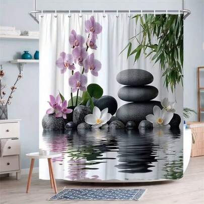 1pc Stone Flower Water Ink Zen Style Printed Shower Curtain, High-End Elegant Shower Curtain Decor, Home Decor, Bathroom Decor, Bathroom Accessories, Gift