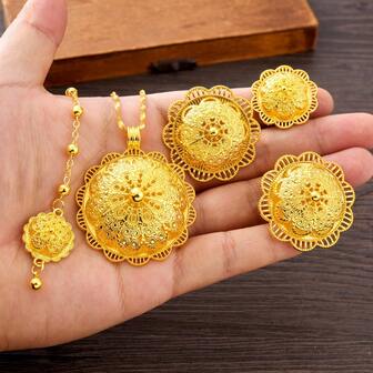 Set de 4 piezas de joyería de diseño hueco de color dorado lujoso y elegante, que incluye aretes, anillo, collar y diadema. Conjunto clásico y popular para uso diario de mujeres en Oriente Medio, regalo de cumpleaños, fiesta o boda africana y árabe.