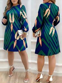 优雅印花灯笼袖连衣裙，适合春秋季度假穿着 - 藍色 - 查看 1