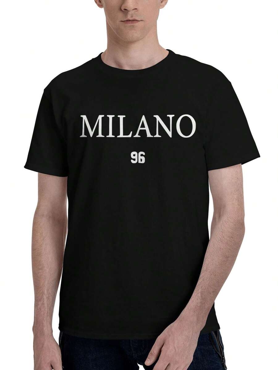 Men's Vintage Milano 96 Letter Print Short Sleeve Casual Pullover T-Shirt, Boyfriend Gift, For Spring And Fall - màu đen - Xem 1