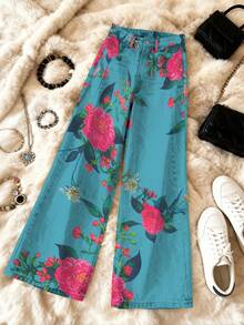Women'S High-Waisted Wide Leg Jeans With Pink Roses And Green Leaves On Teal Background |   Autumn And Winter Leisure, Fashionable, Loose Fit, Button Fly Closure - Nhiều màu - Xem 3