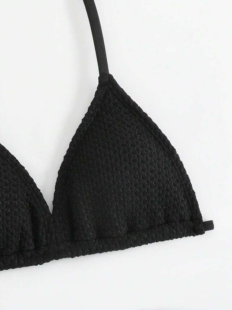 Tween Girls Knit Fabric Halter V-Neck Bikini Sets, 2 Pieces Swimsuit, Beach Swimwear, Fashionable For Summer & Vacation - Black - View 3