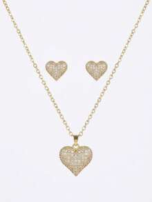 3pcs Set Glamorous Rhinestone Paved Heart Pendant Necklace & Stud Earrings, Gold Tone Fashion Jewelry Set For Women Party Gift - Gold - View 9