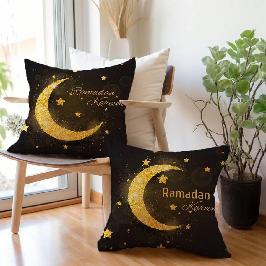 2pcs Ramadan Crescent Moon & Star Blessing Text Print Pillow Covers, Peach Velvet Fabric, Single-Sided Printing, 17.7*17.7in(45*45cm), Suitable For Home Decor, Living Room Sofa Cushions, All Seasons, Gifts - Multicolor - View 1