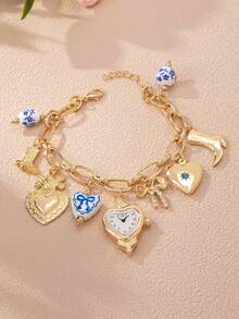 1pc Gold Heart Pendant Bracelet With Bow, Cowboy Hat, Boots And Cherry Pendant Charms, Jewelry Gift For Women - Multicolor - View 3