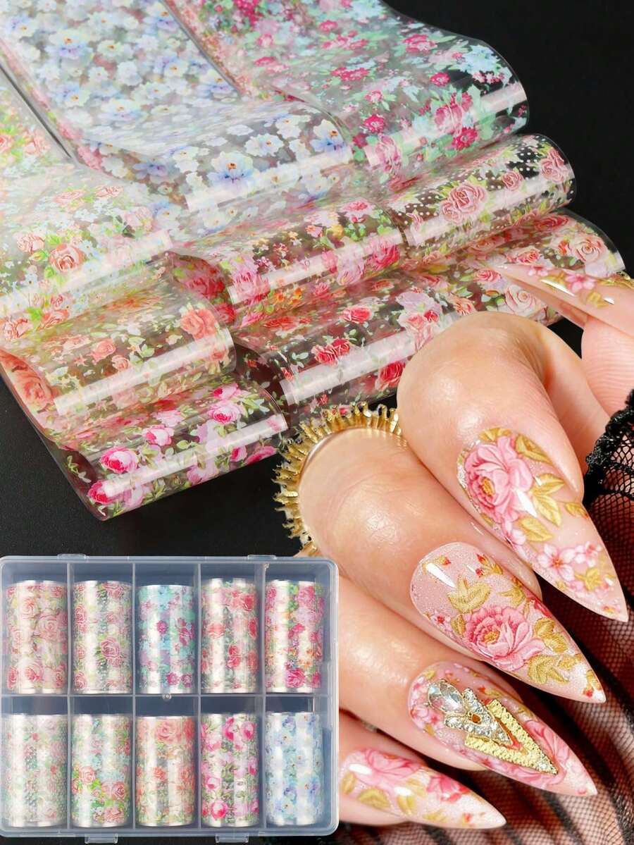 10 cuộn/hộp giấy dán móng tay họa tiết hoa hồng, giấy dán móng tay họa tiết hoa và bầu trời sao, decal trang trí móng tay không dính dành cho móng tay mùa hè và đám cưới. - Nhiều màu - Xem 1
