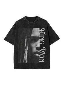Men'S Kings Von Graphic T-Shirt - Half Face Portrait & Bold Lettering Retro Streetwear Tee - Soft Crewneck Shirt For Concerts, Everyday Outfits - All-Season Casual Top - Ideal Gift For Hip-Hop Fans, Hip Hop T Shirt, Concert Attire, Unique Design, Breathable Fabric, Short Sleeve Shirt, Music Lovers, Urban Fashion, Vintage Style, Comfortable Fit, Unisex Streetwear, Fashion Enthusiasts - Black - View 2