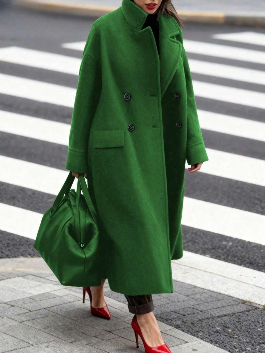 大码女式休闲羊毛混纺翻领长袖保暖通勤优雅长款外套，秋冬款 - 綠色 - 查看 1