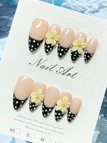 1 片手工制作的按压式美甲贴片，Y2K 风格，可爱简约设计，杏仁形甲片，法式风格，手工 3D 立体花朵装饰，手绘波点图案，可爱美甲，假指甲，情人节美甲，高端品质，可重复使用，适合女性和女孩日常或节日佩戴，也可作为礼物赠送。美甲用品 - 黑色 - 查看 8