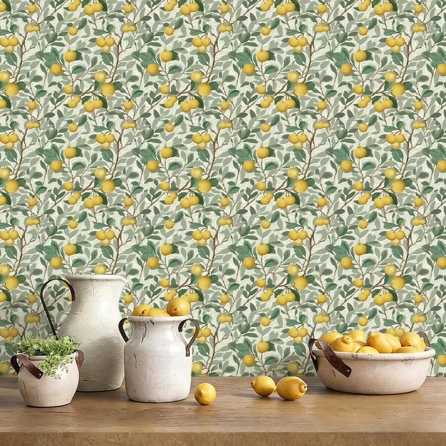 1 Roll Fresh Citrus Plant Self-Adhesive Wallpaper, Light Green & Pale Yellow Leaf, Branch And Fruit Pattern, Removable Vinyl Contact Paper, Peel And Stick Decorative Wall Sticker, Vintage Illustration Style Wallpaper, Nature Art Home Decor Sticker, 17.32 X 393.70 Inch, Suitable For Living Room, Kitchen, Bedroom, Bathroom, Dining Room, Furniture Makeover, Easy To Install - Multicolor - View 1