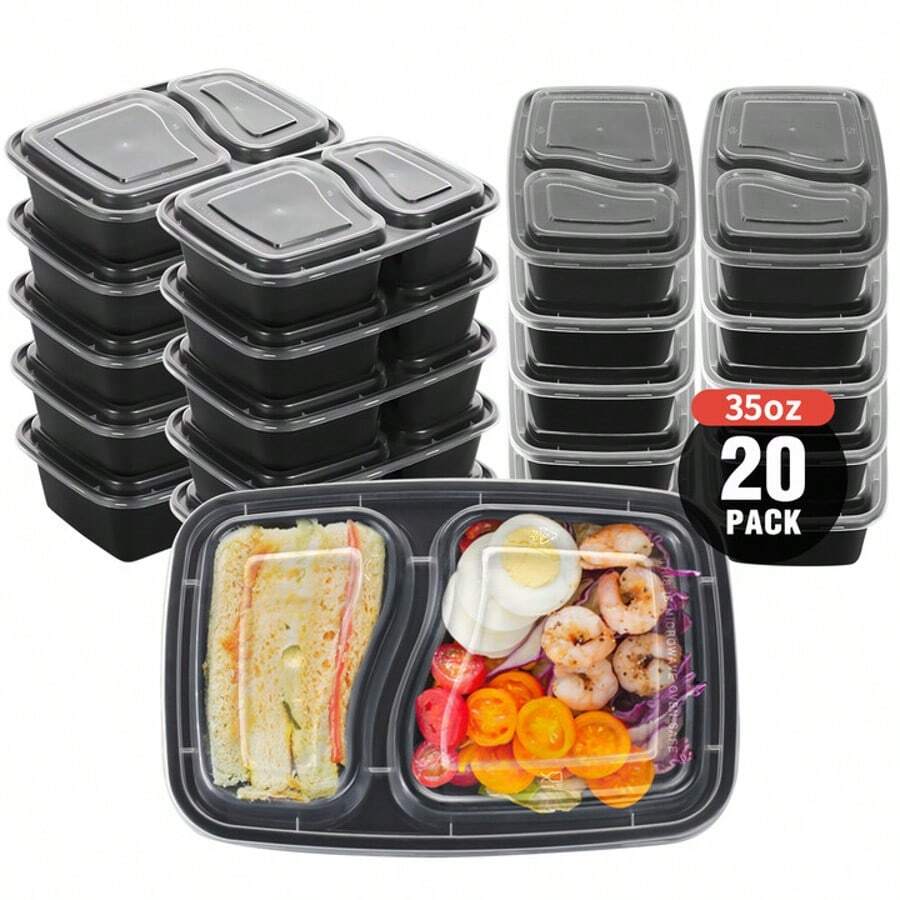 20-Piece 2-Compartment Reusable Meal Prep Containers With Lids,Convenient To Carry&Durable With No Leakage,Food Storage Containers, Bento Box,Microwave Freezer Dishwasher, To Go Take Out Plastic Food Storage, Black - 20pc黑色 - 查看 1