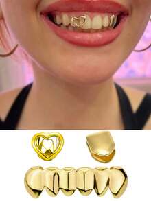 3pcs 14K Gold Plated Hollow Heart Shaped Clip-On Tooth Jewelry, Y2K Grillz For Valentine's Day & Halloween, Women - Multicolor - View 8