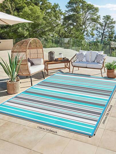 5x8 英尺防水户外地毯，塑料吸管庭院露营垫，室内外房车露营地毯，适用于庭院、露营车、门廊、阳台、后院、野餐（浅蓝色/灰色）