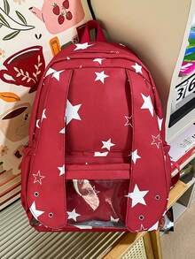 Star Print Backpack With Transparent Pocket, Student Backpack, Casual Large Capacity Bookbag - Multicolor - View 3