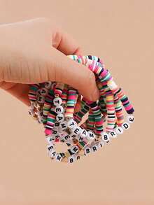 12pcs Set Of Single Party Bride And Bridesmaid Letter Multi-Layer Stacked Love Elastic Soft Pottery Bracelet Set, Fashionable Ladies Bracelet Wedding Engagement Banquet Party Dance Party Wear Gift Bracelet Set - Multicolor - View 5