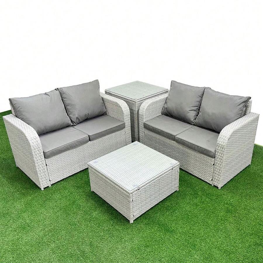 Fimous Rattan Sofa Set Outdoor Garden Furniture Set With Square Coffee Table Loveseat Sofa Side Table Light Grey - Light Grey - View 1