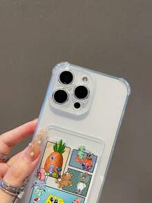 1pc Cute & Fun Transparent Card Holder Case, Minimalist Design - Patchwork Spongebob & Teddy Bear Painted Pattern, Shockproof Phone Case Compatible With IPhone 11/12/12 Pro Max/14 Pro Max/15/15 Pro/16/16 Pro Max/17 And Other Models - Multicolor - View 8