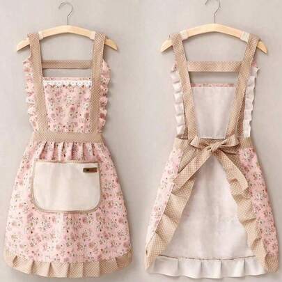 1pc Women Kitchen Apron, Wipe-Clean Homewear Fashion Princess Cooking Apron Ditsy Floral Pattern Bib Apron, Oil/Stain Resistant Princess Dress Style