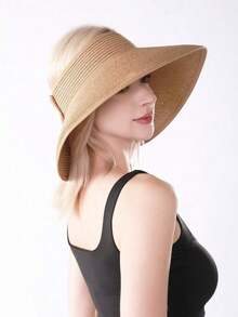Wide Brim Sun Visor Hat For Women – Foldable Straw UV Protection Beach Hat With Boho Bow - 卡其色 - 查看 9
