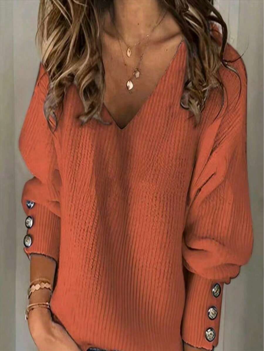 [Elegant Sweater] Elegant Women's Light V-Neck Ribbed Sweater | Long Sleeve Pullover With Faux Button Detail, Machine Washable Fall Winter Top For Casual & Formal Wear, Cute Sweaters, Seasonal Wardrobe, Classic Knitwear, Quality Stitching, Office Attire  Women'S V-Neck Sweater- Comfortable Autumn/Winter Pullover For Casual Elegance - 紅色(HOT) - 查看 1