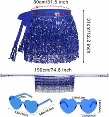 Sequin Belly Dance Scarf Tassel Wrap Sparkly Fringe Skirt With Pair Heart Party Rave Costume Women - Royal Blue - View 4