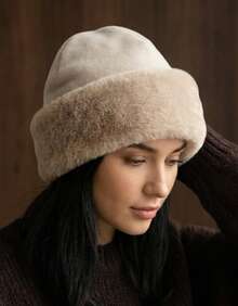 Lilas Inova Women's Winter Plush Beanie, Soft Style, Limited Edition, Casual, Fluffy Polyester Faux Fur, Contrast Beanie, Nightwear, Holiday, Home, Daily, Autumn/Winter - 米色 - 查看 2