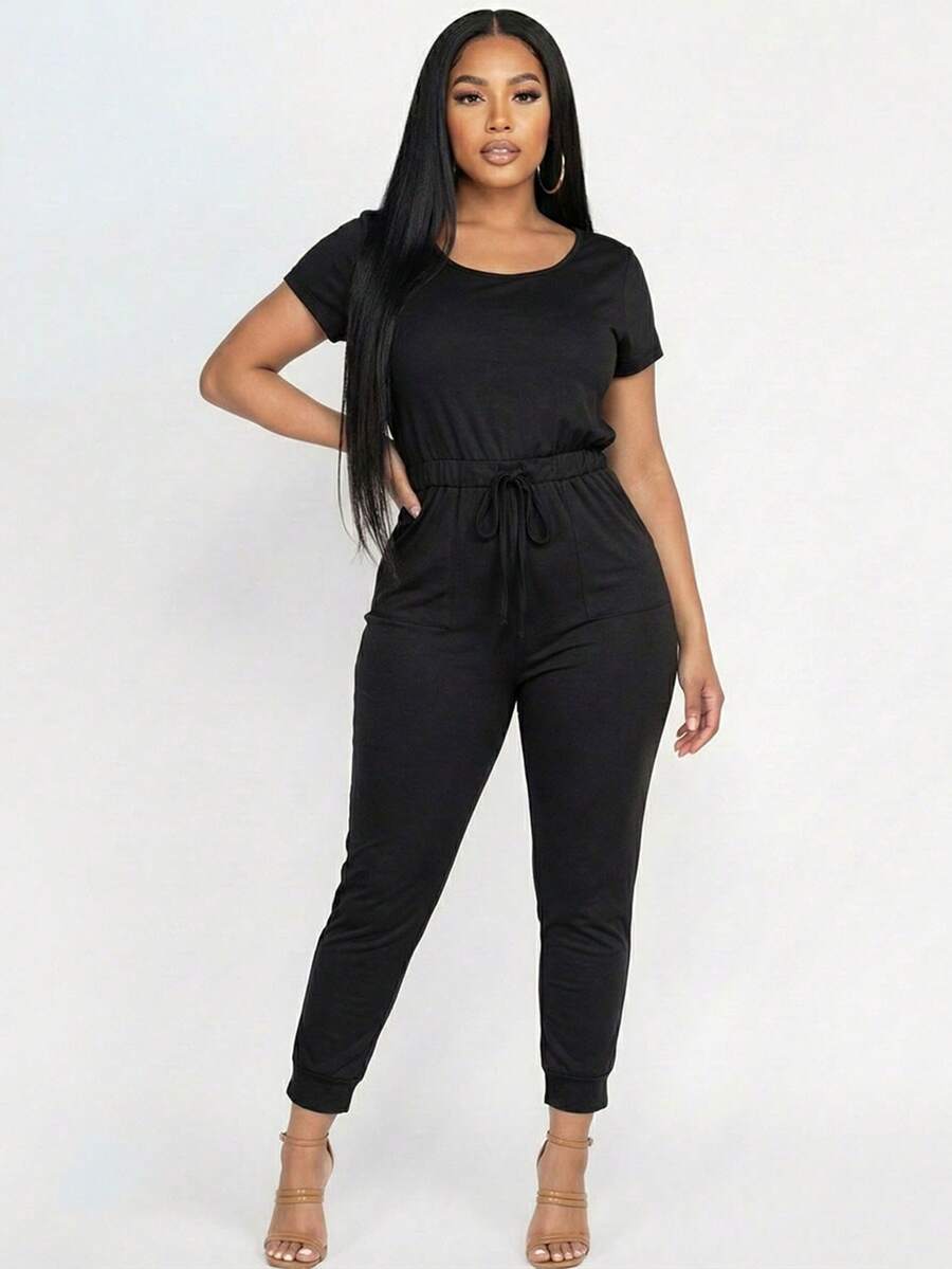 Women's Solid Color Casual Two-Way Shoulder Tie Waist Drawstring Short Sleeve Jumpsuit Scoop Neck Off Shoulder Jumpsuit For Women - 黑色 - 查看 1