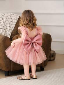Baby Girls' Pink Cap Sleeve Bow Beaded Mesh Elegant Party Dress, Princess Dress Suitable For Girls, 1st Birthday, Party, Banquet, Wedding Flower Girl, Holiday Celebration - Pink - View 5