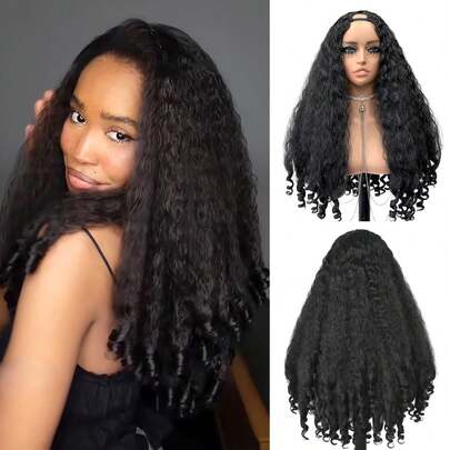 Afro Wig V Part Kinky Curly Wigs For Black Women, Go Glueless Wig With Unique Bouncy Curls In The End, Synthetic No Leave Out Clip In