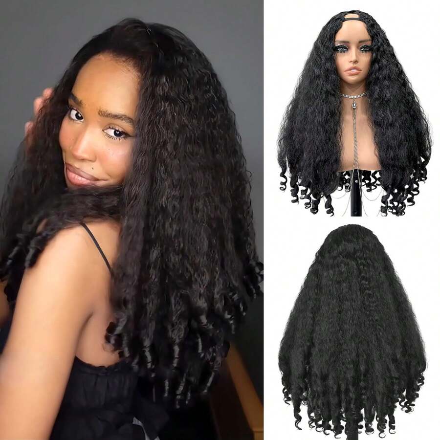 非洲V型分缝蓬松卷发假发，专为设计，无需胶水，发尾卷曲蓬松，合成材质，无需留发片，夹式佩戴。 - 黑色 - 查看 1