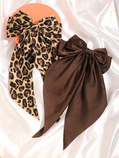 2pcs Satin Solid & Leopard Print Bow Elastic Hair Clips, Casual Bohemian Palace Style Party Cute Street Elegant, Polyester, All Season