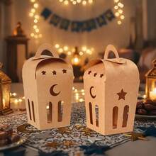 10pcs Eid Mubarak Gift Boxes, Crescent Moon Hollow Design Foldable Paper Boxes, Islamic Ramadan Strength Paper Candy Cookie Packaging Boxes With Handle, Ramadan Gift Boxes, Suitable For Birthday, Wedding, Ramadan, Party Gifts | Light Brown - Multicolor - View 10
