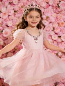 3件套粉色皇冠首饰套装，包含1个皇冠、1条项链和1副耳环，时尚配饰，镶嵌水钻，花朵项链和耳环，适合女孩在派对上佩戴 - 彩色 - 查看 2