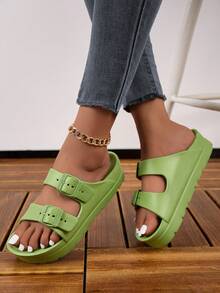 Nuevas sandalias con suela gruesa y elevada para mujeres, versátiles, de EVA, ligeras, cómodas, suaves, duraderas, con doble correa ajustable, ideales para el hogar, fiestas, playa y trabajo, con amortiguación de impactos - Verde - Ver 9