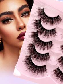 ENCHUW 5 Pairs False Fluffy Russian Strip Lashes 3D Fake Lashes Makeup Messy False Eyelashes Fluffy Thick Lashes Volume D Curly Fake Eyelashes - Black - View 1