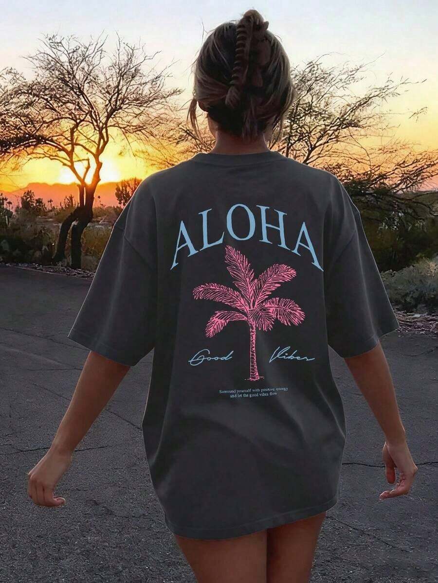 2026 Summer Shirts Women's New Palm Tree Slogan Print Casual Round Neck Short Sleeve T-Shirt, Fashionable Resort Style, Your Daily Essential Item. Gr - 深灰色 2 - 查看 1