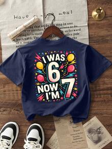 Camiseta de cuello redondo de manga corta con estampado informal para niños preadolescentes, top de verano - Azul Marino - Ver 3