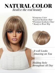 12英寸亚麻棕色短款波浪刘海假发，优雅时尚的女士假发。这款假发采用耐热合成纤维编织而成，非常适合节日、旅行、化装舞会、家庭聚会、演员表演、婚礼和日常佩戴。也是送给女性的绝佳节日礼物。 - 亞麻棕 - 查看 4