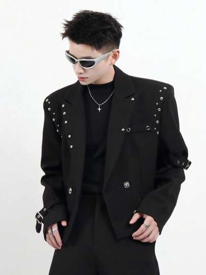 Hombre Blazer Casual Corto | Novedad Primavera-Otoño, Con Remaches, Diseño Minoritario, Elegante de Alto Nivel, Doble Botonadura, Forrado de Hombro