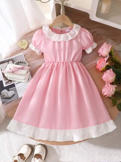 1pc Girls Casual Solid Color Soft & Comfortable Woven Fabric Bubble Short Sleeve Dress, Suitable For Outdoor Wear, Spring/Summer