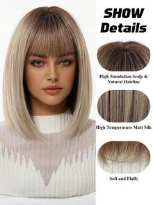 12-Inch Short Ombre Brown Synthetic Natural Looking Wig, Women's Bob Style With Bangs, Heat Resistant, For Everyday Wear, Cosplay, Party - Brown Ombre - View 7