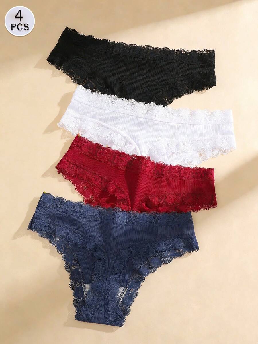 4pcs Comfortable Striped Lace Thongs Sexy Lingerie,Seamless - Multicolor - View 1