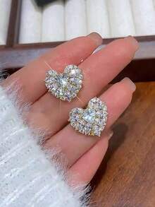 1 Pair Women Heart Shaped Rhinestone Earrings Luxury Elegant Romantic Unique Stud Earrings Fashion Jewelry Gift For Her - 黃金 - 查看 2